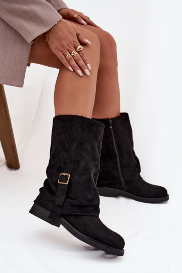 Women's Boots with Turned Cuff to Mid-Calf with Buckle Black Minelle 2