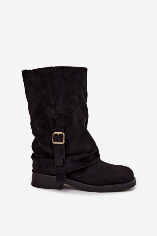 Women's Boots with Turned Cuff to Mid-Calf with Buckle Black Minelle