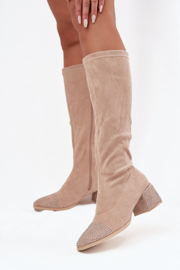 Women's Boots with Embellishment on Block Eco Suede Beige Ivanna