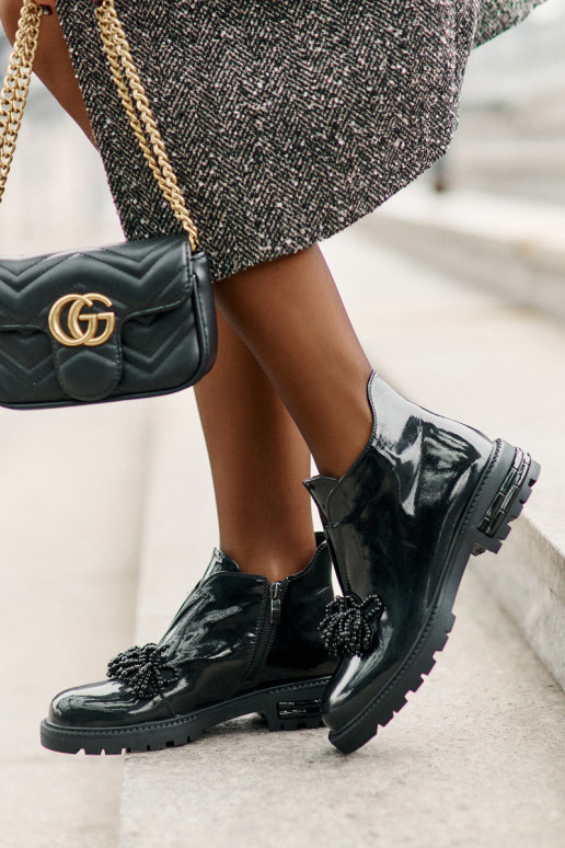 Leather Patent Ankle Boots With Decoration Insulated D&A LZ42-036 Black