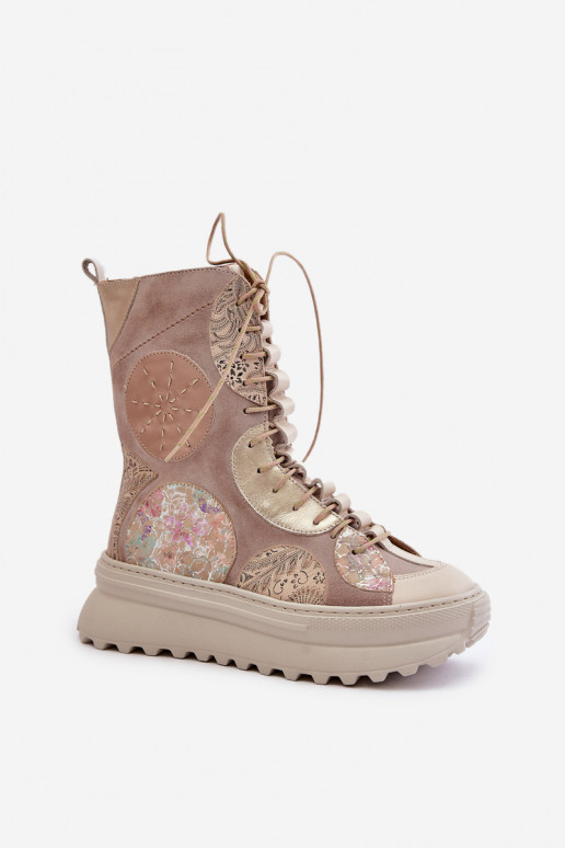 Leather Suede Ankle Boots On A Platform Insulated Maciejka 06565-04 Beige