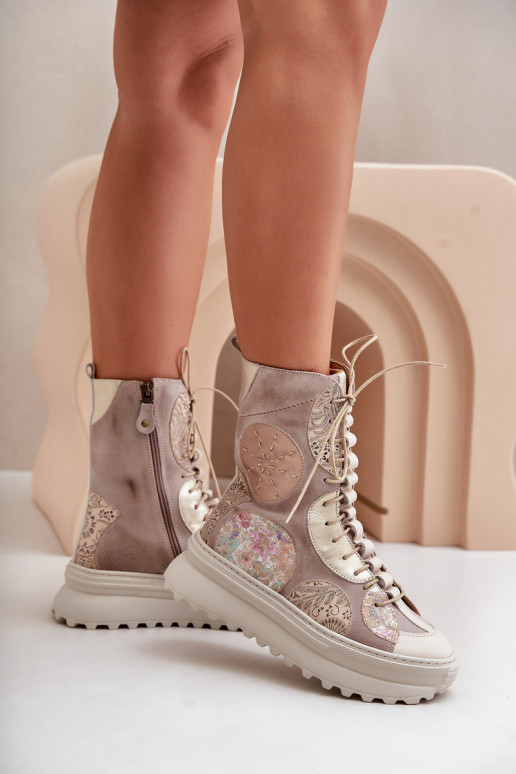 Leather Suede Ankle Boots On A Platform Insulated Maciejka 06565-04 Beige