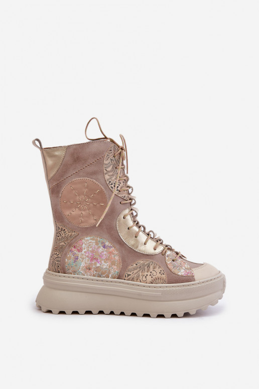 Leather Suede Ankle Boots On A Platform Insulated Maciejka 06565-04 Beige