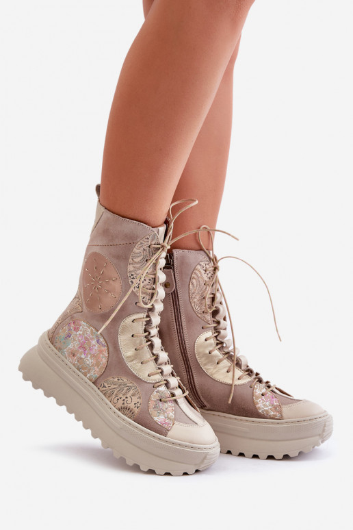 Skórzane Zamszowe Botki Na Platformie Ocieplane Maciejka 06565-04 Beżowe