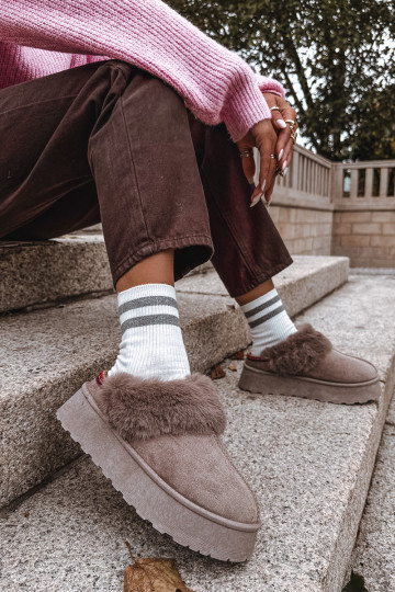 Women's snow boots on platform with fur and embroidery dark beige Querina 2