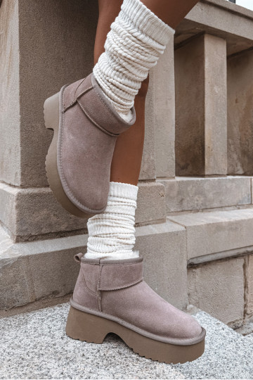 Women's Snow Boots Made of Natural Suede Lined with Fur Khaki Milora