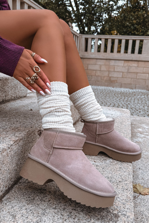 Women's Snow Boots Made of Natural Suede Lined with Fur Khaki Milora