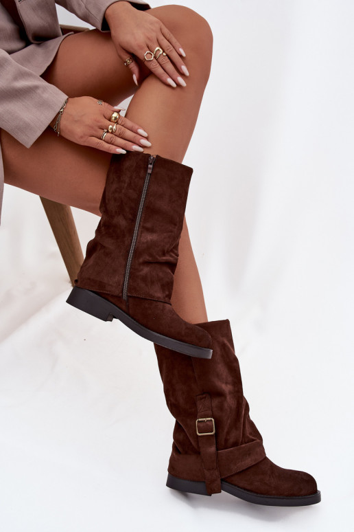 Women's Boots With Turned Shaft To Mid Calf With Clasp Chocolate Minelle