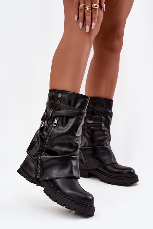 Women's boots with rolled-up shaft to mid-calf with strap Black Darisa