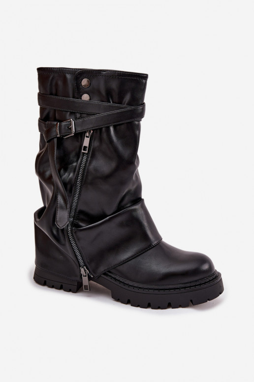 Women's boots with rolled-up shaft to mid-calf with strap Black Darisa