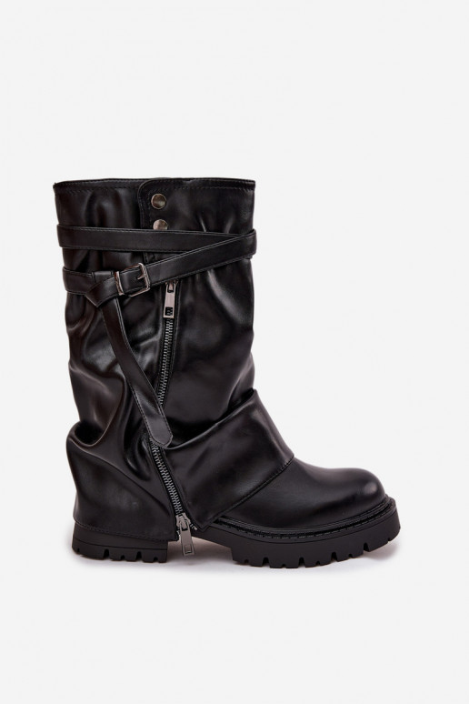 Women's boots with rolled-up shaft to mid-calf with strap Black Darisa