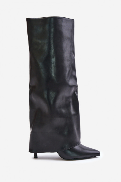 Warm Heeled Boots with Rolled Shaft Black Tamonia
