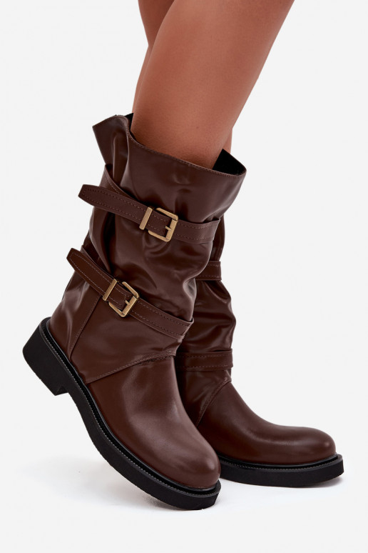 Wrinkled Women's Boots To The Middle Of The Leg With Straps And Buckles Brown Halvessa