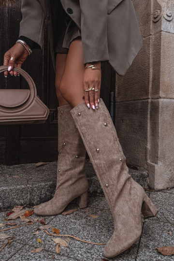 Women's Fur-lined Boots on Block Heel with Decorative Details Beige Lucinda 2