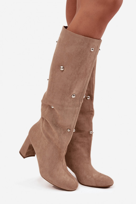 Women's Fur-lined Boots on Block Heel with Decorative Details Beige Lucinda