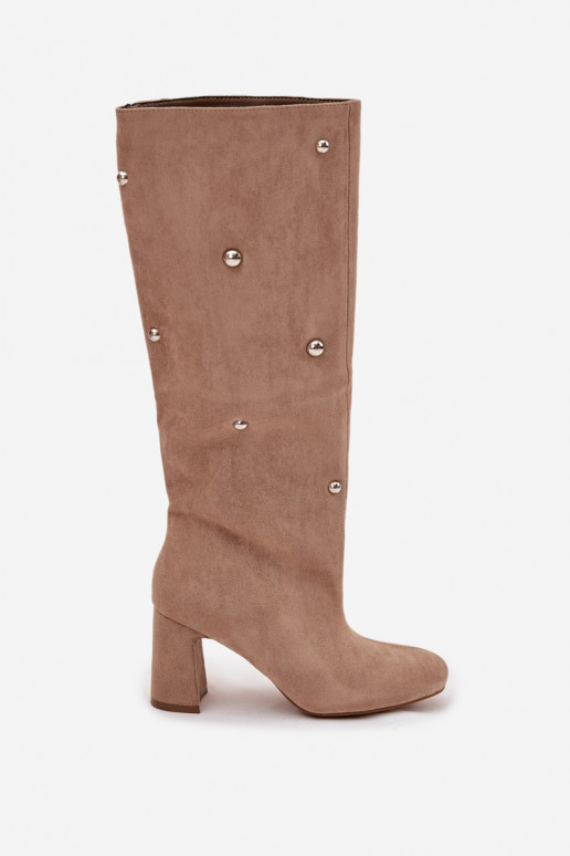 Women's Fur-lined Boots on Block Heel with Decorative Details Beige Lucinda