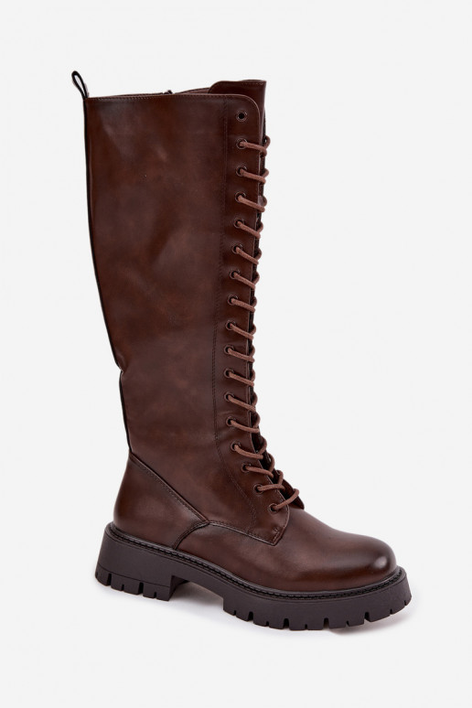 Ocieplane Sznurowane Kozaki Damskie Czekoladowe Meliora