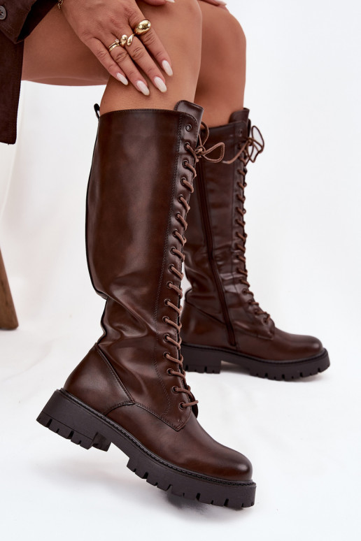 Ocieplane Sznurowane Kozaki Damskie Czekoladowe Meliora