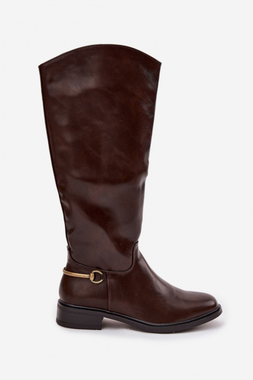 Ocieplane Kozaki Damskie Na Płaskim ObcasiewithOzdobnym Detalem Czekoladowe Renaya