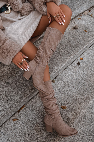 Kozaki DamskiewithMarszczoną Cholewką Na Słupku Ocieplane Beżowe Paelina