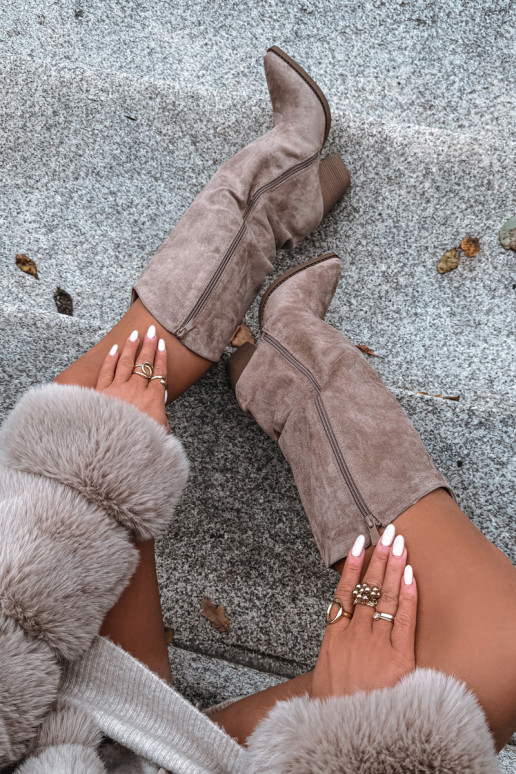 Oceplane Cowboy Heeled Boots Eco Suede Beige Mavine Kozaki Damskie