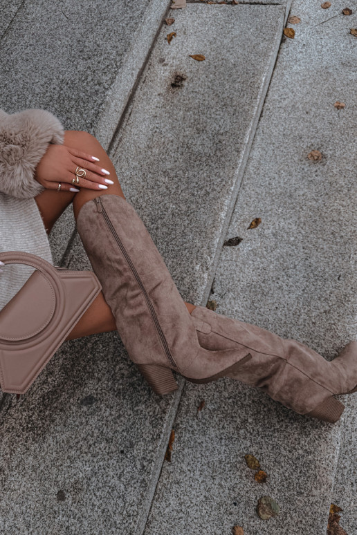 Oceplane Cowboy Heeled Boots Eco Suede Beige Mavine Kozaki Damskie