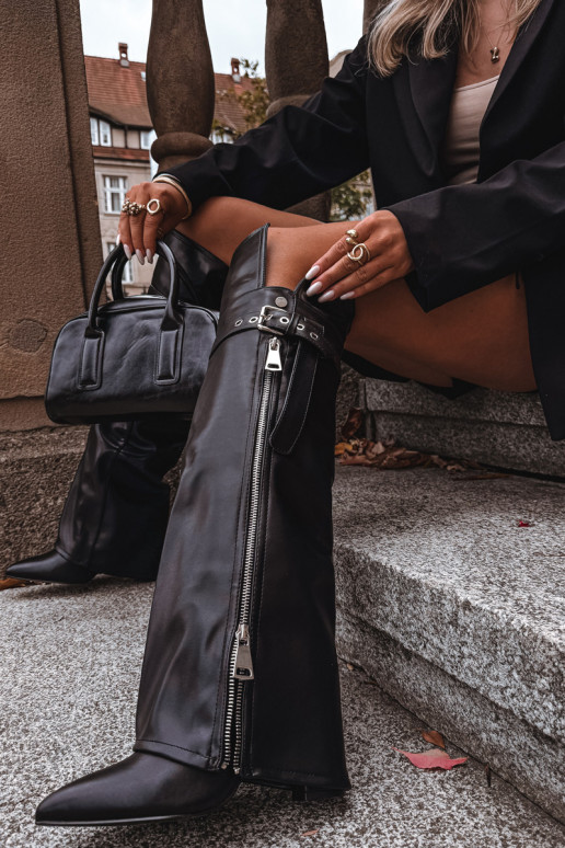 Insulated Womens Over Knee Boots On Heel With Strap Buckle And Silver Zip Black Reisa Insulated Womens Over Knee Boots On Heel With Strap Buckle And Silver Zip Black Reisa