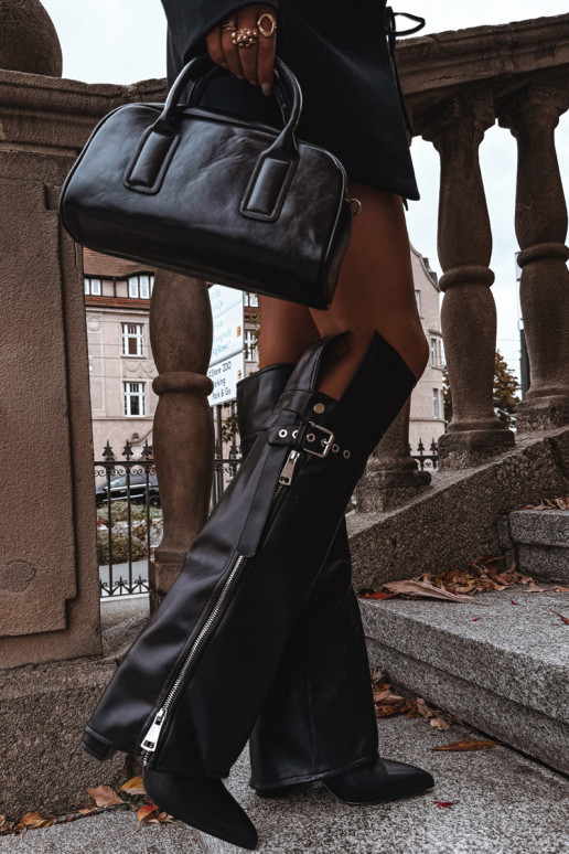 Ocieplane Kozaki Damskie Za Kolano Na SłupkuwithPaskiem Klamrą I Srebrnym Zamkiem Czarne Reisa