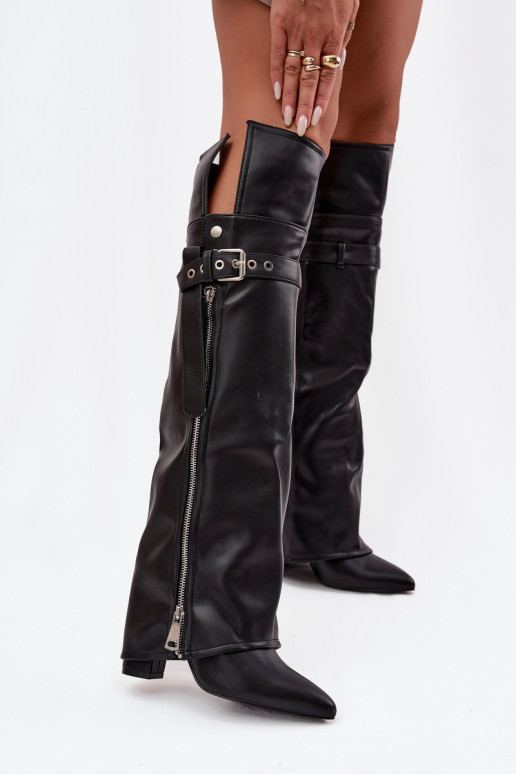 Insulated Womens Over Knee Boots On Heel With Strap Buckle And Silver Zip Black Reisa Insulated Womens Over Knee Boots On Heel With Strap Buckle And Silver Zip Black Reisa