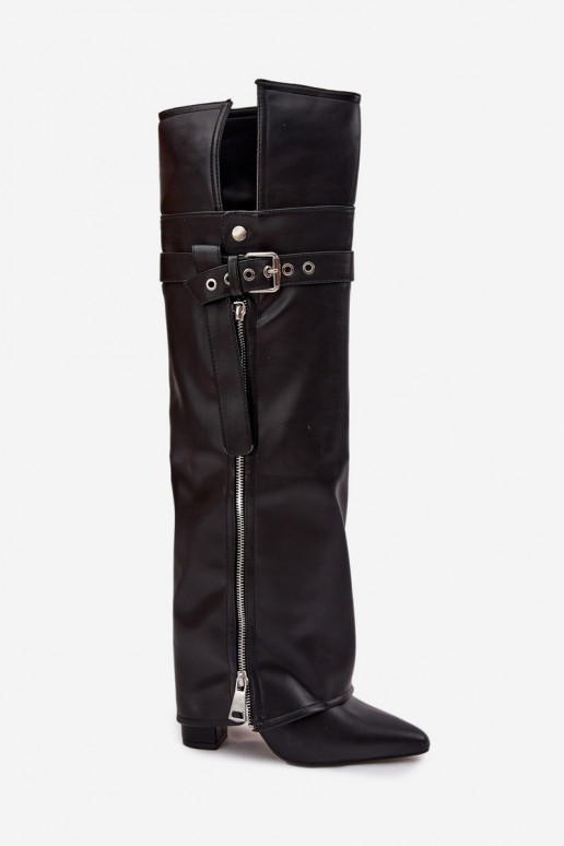 Insulated Womens Over Knee Boots On Heel With Strap Buckle And Silver Zip Black Reisa Insulated Womens Over Knee Boots On Heel With Strap Buckle And Silver Zip Black Reisa