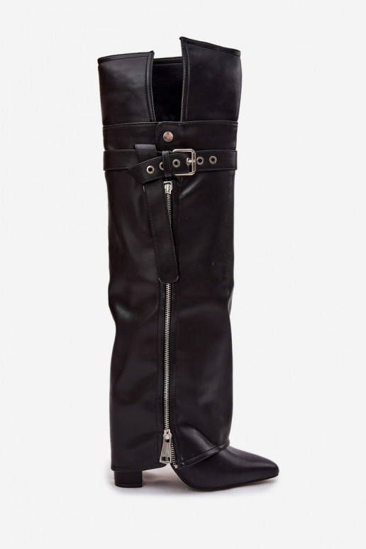 Insulated Womens Over Knee Boots On Heel With Strap Buckle And Silver Zip Black Reisa Insulated Womens Over Knee Boots On Heel With Strap Buckle And Silver Zip Black Reisa