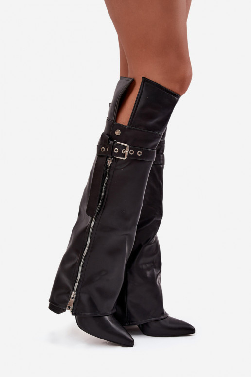 Insulated Womens Over Knee Boots On Heel With Strap Buckle And Silver Zip Black Reisa Insulated Womens Over Knee Boots On Heel With Strap Buckle And Silver Zip Black Reisa