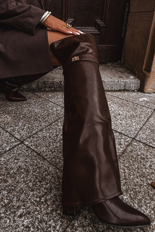 Insulated boots with turned-up shaft over the knee block heel brown Serelle