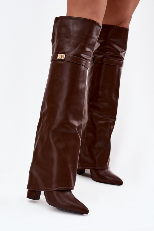 Insulated boots with turned-up shaft over the knee block heel brown Serelle