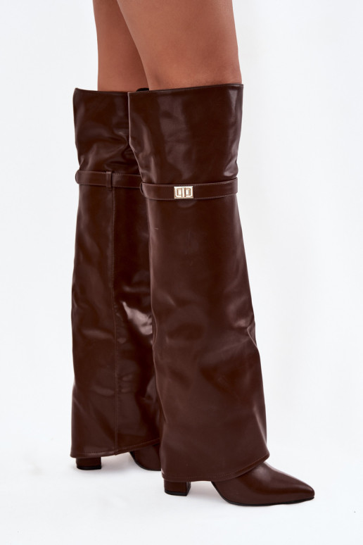 Insulated boots with turned-up shaft over the knee block heel brown Serelle