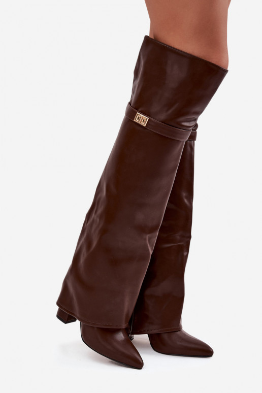 Insulated boots with turned-up shaft over the knee block heel brown Serelle