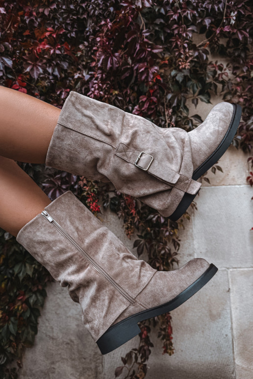 Women's Boots With Turned Cuff To Mid-Calf With Buckle Khaki Minelle