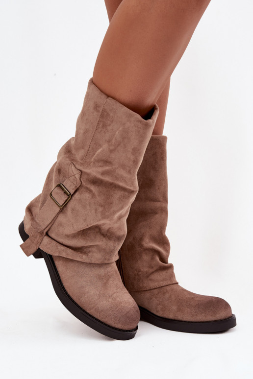 Women's Boots With Turned Cuff To Mid-Calf With Buckle Khaki Minelle