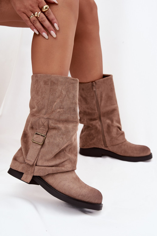 Women's Boots With Turned Cuff To Mid-Calf With Buckle Khaki Minelle