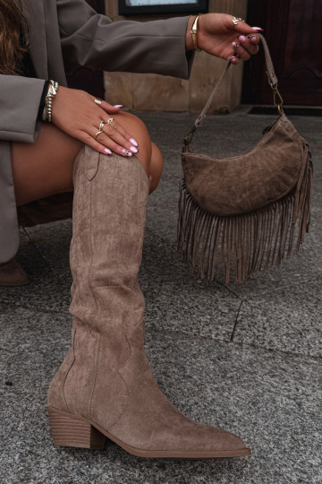 Eco Suede Cowboy Boots Women's Heeled Beige Jenaya