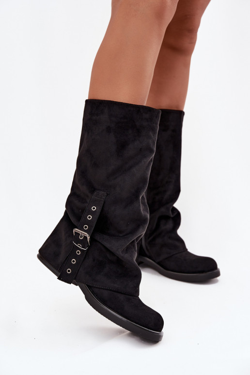 Women's Boots With Wrinkled Shaft And Buckle Black Ophelis