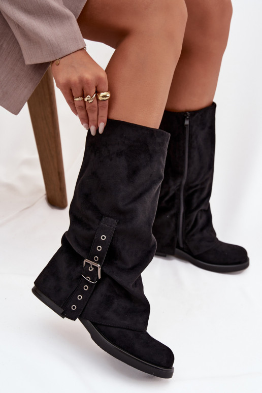 Women's Boots With Wrinkled Shaft And Buckle Black Ophelis