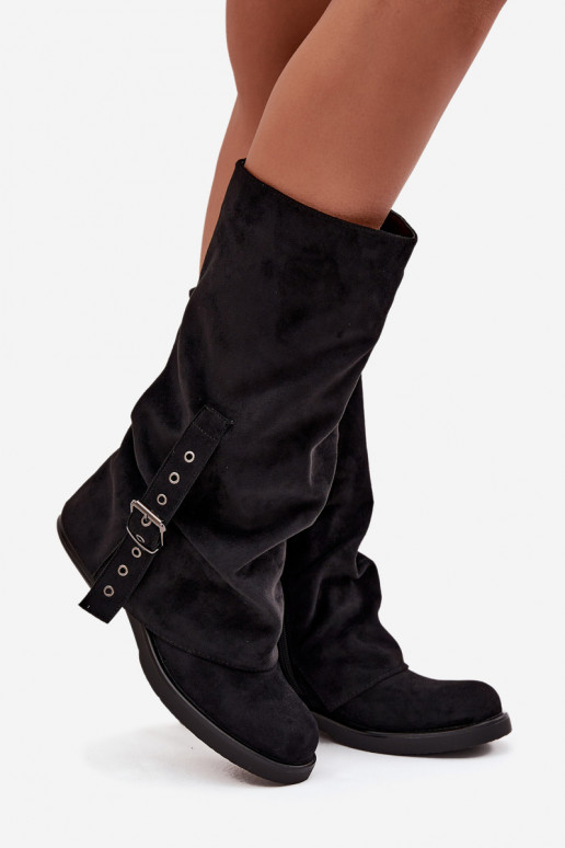 Women's Boots With Wrinkled Shaft And Buckle Black Ophelis