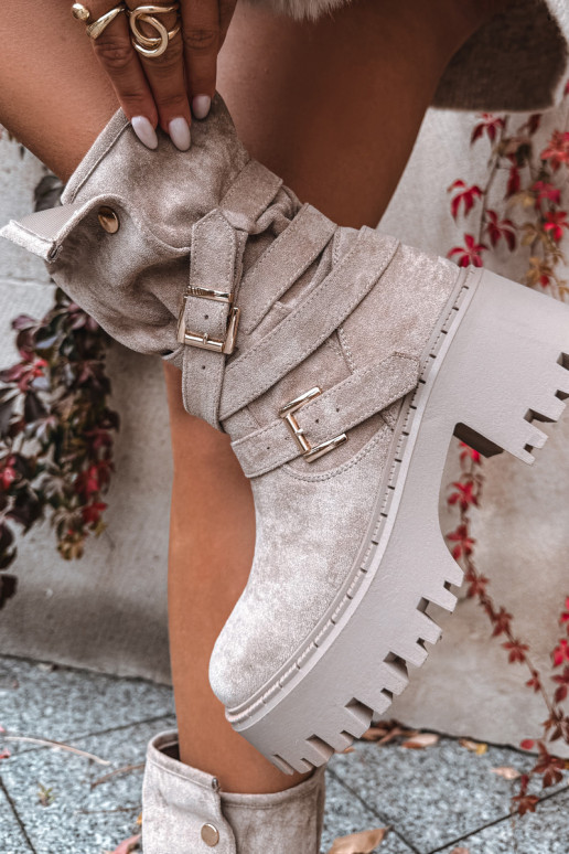 Women's Boots with Chunky Heel with Buckles and Strap Beige Nerelisa