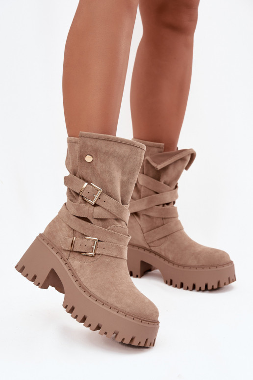 Women's Boots with Chunky Heel with Buckles and Strap Beige Nerelisa