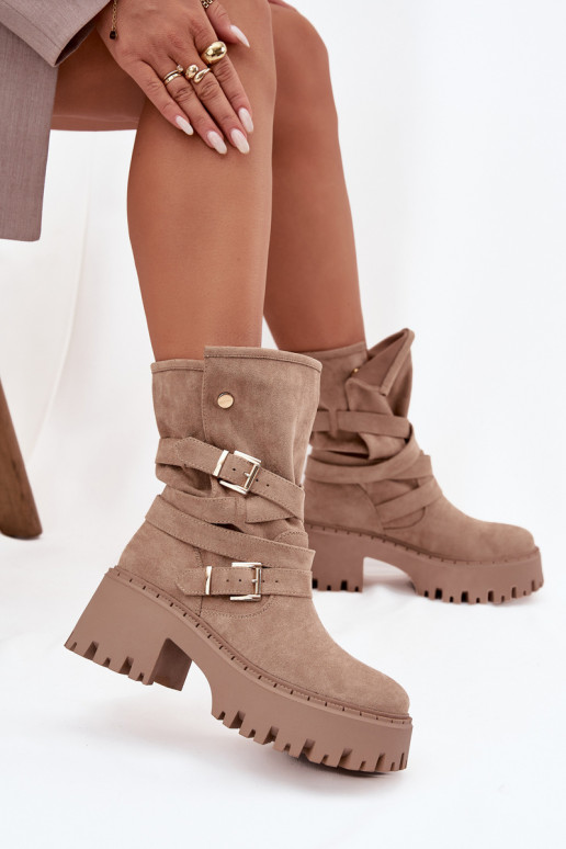 Women's Boots with Chunky Heel with Buckles and Strap Beige Nerelisa