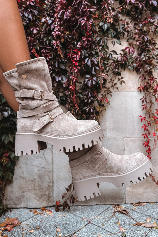 Women's Boots with Chunky Heel with Buckles and Strap Beige Nerelisa