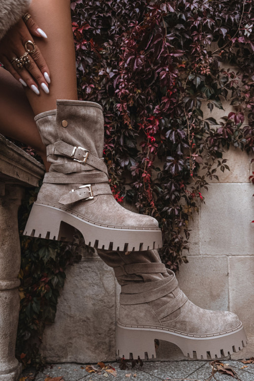Women's Boots with Chunky Heel with Buckles and Strap Beige Nerelisa