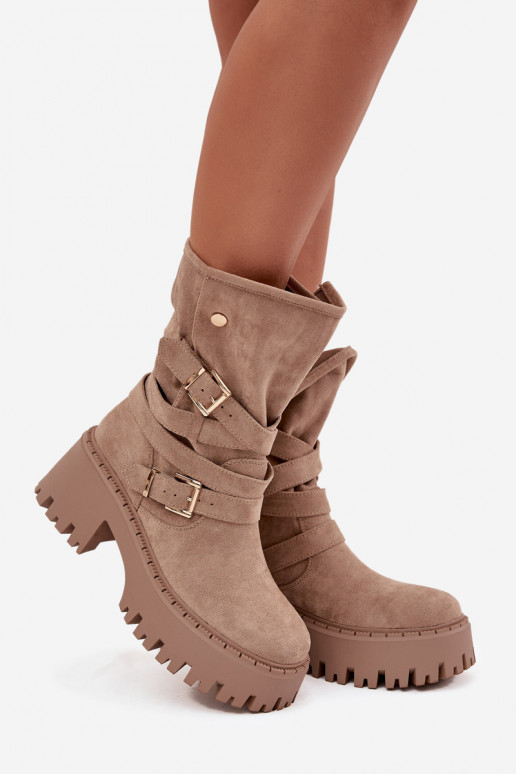 Women's Boots with Chunky Heel with Buckles and Strap Beige Nerelisa