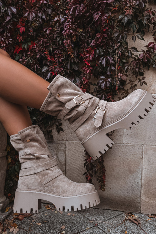 Women's Boots with Chunky Heel with Buckles and Strap Beige Nerelisa